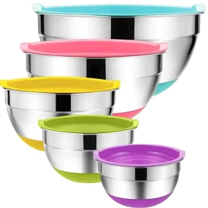 Thickened Color Silicone Bottom Non slip Stainless Steel Whisk Mixing Bowl and Basin Salad Basin Washing Cream Basin with Lid