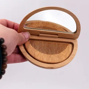Travel Friendly Portable Compact Bamboo Comb with Mirror Customizable Hair Care Gift Set for Men & Women