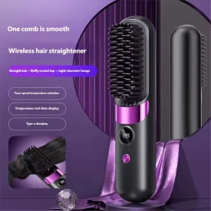 USB Rechargeable Fast Heating Cordless Hair Straightener Brush Portable Straightening Brush for Women Mini Negative Ion Hot Comb