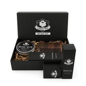 Unique Man Beard Care Kit 4-in-1 Natural Beard Oil Balm Aftershave Wooden Comb Gift Set Ready to Ship in Stock
