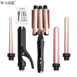WAIKIL Custom Ceramic Coating Interchangeable Curling Iron 5 in 1 Triple LED Hair Curler Roller Hot Brush Comb Tools Set