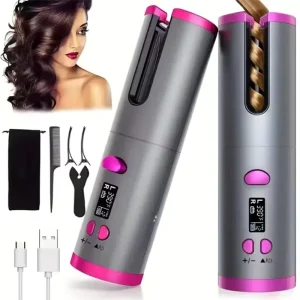 Wireless Cordless Automatic Hair Curler Portable Rotating Wave Curling Wand with LED Display