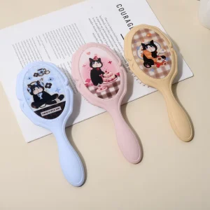 Women’s Anti Static Hairbrush ABS Plastic Cushion Massage Comb with Cartoon Cat Design Pocket Size