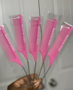Women’s Pink Hair Tinting Parting Comb Private Label Salon Styling Metal Pin Rat Tail Carbon Braiding Comb for Body Use