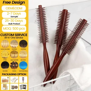 Wood Cylinder Roller Hairbrush Boar Bristles Long Short Curly Straight Hair Drying Styling Curling Comb for Women Men Kids