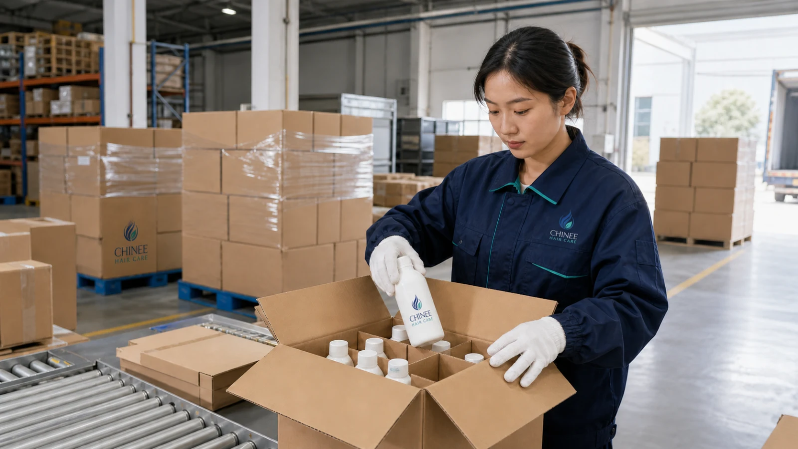 Chinee operator packing branded hair care products for dispatch