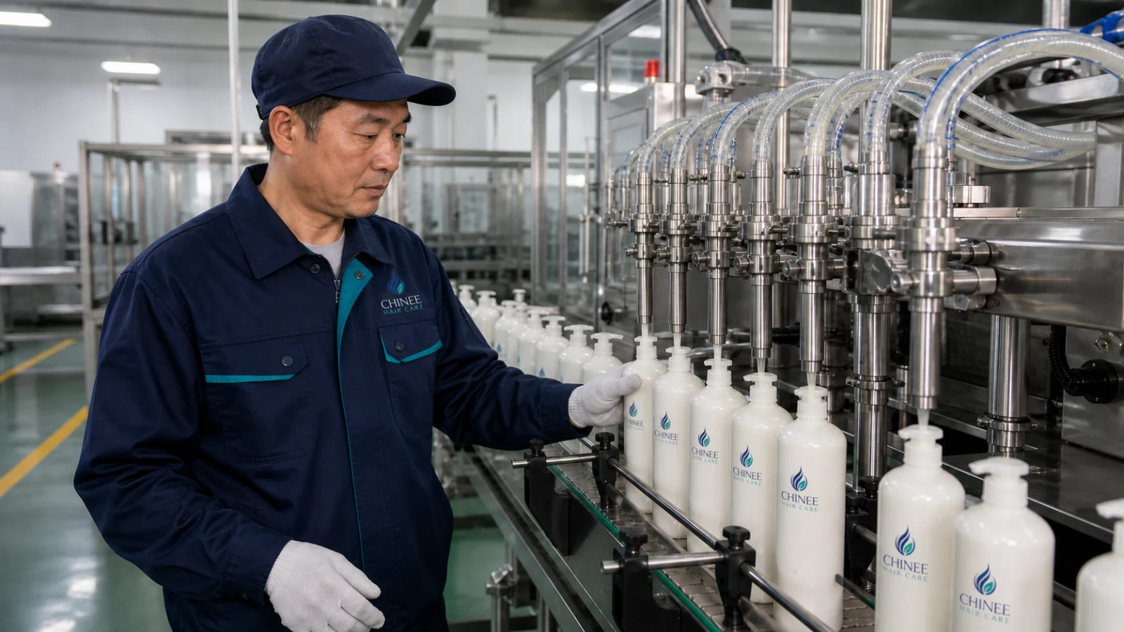 Chinee branded hair care bottles on the product filling line