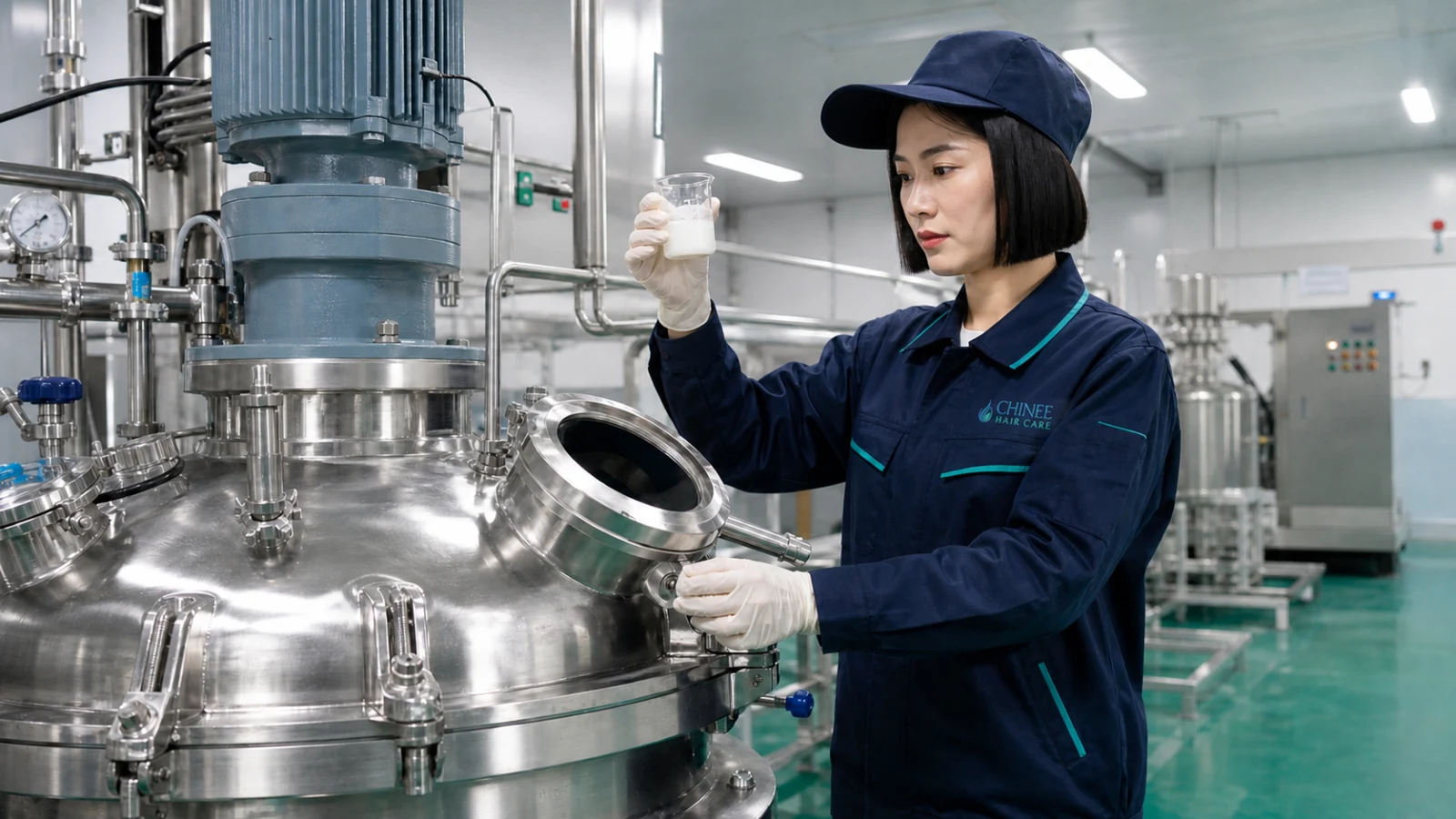 Chinee branded technician monitoring hair care formula production