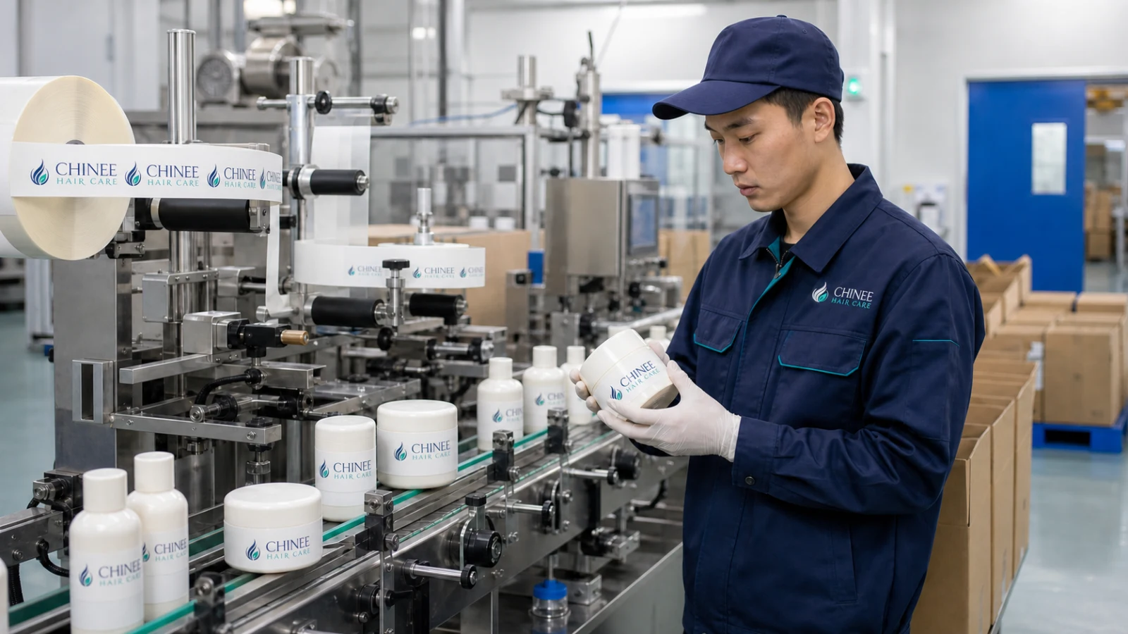 Chinee technician inspecting branded hair care packaging