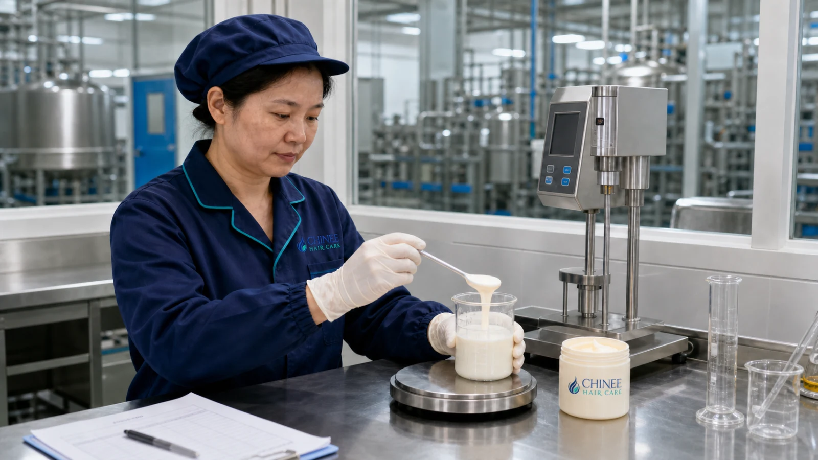Chinee quality technician inspecting a branded hair mask formula